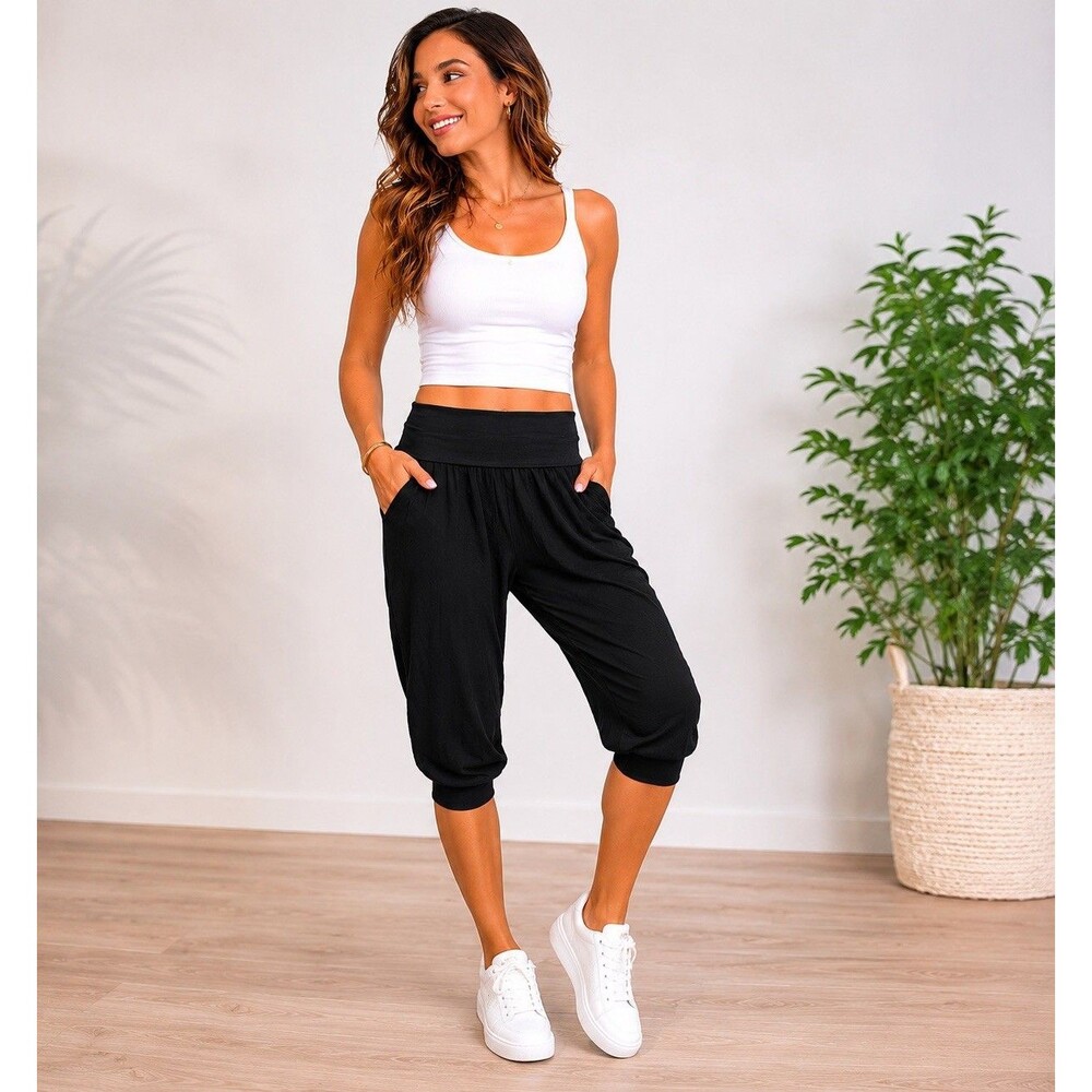 Hard Tail Women's Black Harem Foldover Waist Capris Sz Small